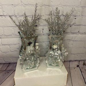 Silver Flower Butterfly Vase Center Piece decor 2 Piece Set Pair